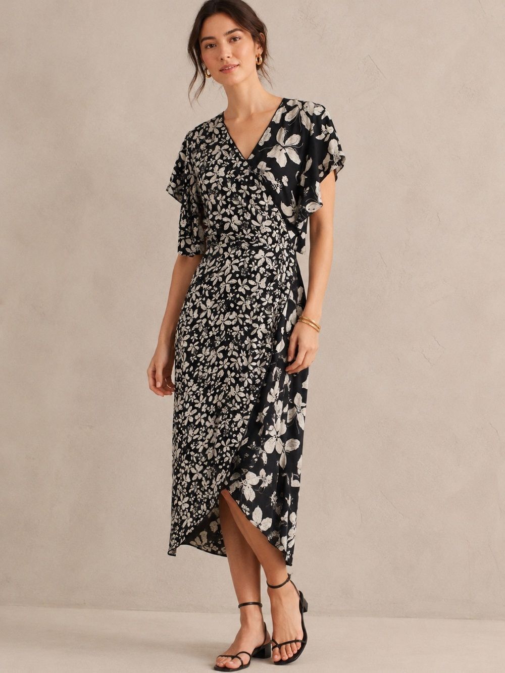 Isolda Women's Floral Wrap Dress Size 6 Black Midi Length Party